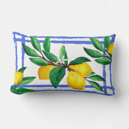 Citronblad Citrus Gult Grönt Blad Blått Gitter Lumbarkudde