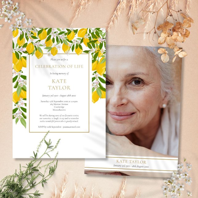 Citronblom Foto Begravningsfirande Av Livet Inbjudningar (Lemons Blossom Photo Funeral Celebration of Life Invitation)
