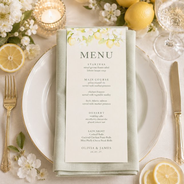Citronblom Ivory Trädgård Bröllopsmeny Kort (Lemon Blossom Ivory Garden Wedding Menu Card)