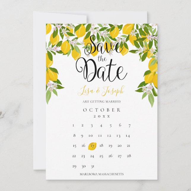 Citronblommande grönska Elegant kalender Bröllop Spara Datumet (Framsida)