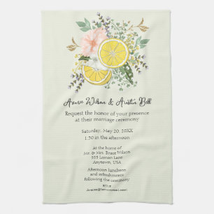 Citronblommor och inbjudan till grönt bröllop kökshandduk
