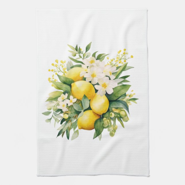 Citronbukett med vita blommor kökshandduk (Vertikal)