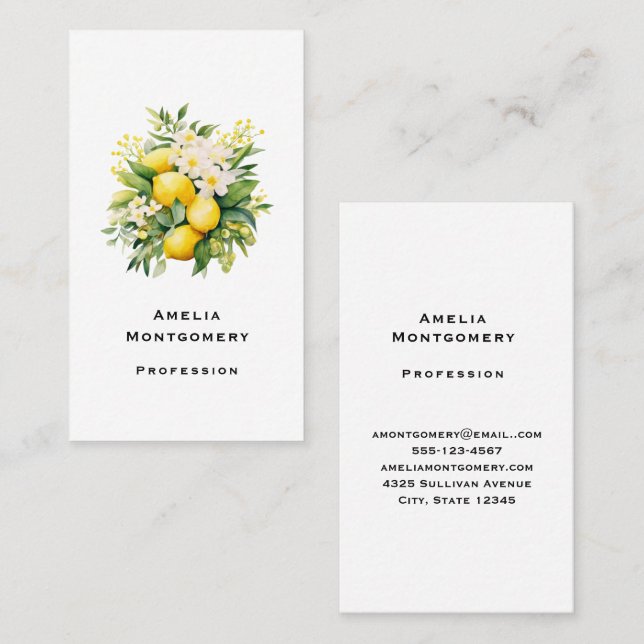 Citronbukett med vita blommor visitkort (Fram/baksida)