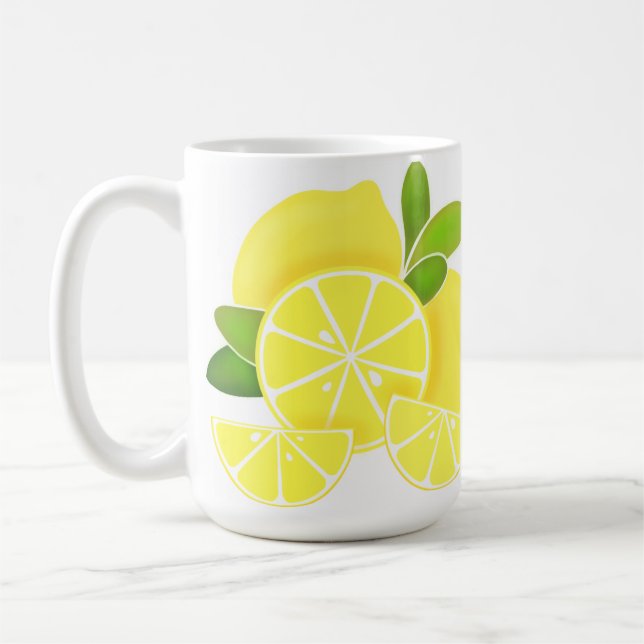 Citroncitroner, citronskivor, tropiska gulter kaffemugg (Vänster)