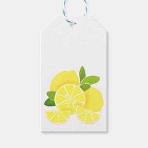 Citroncitroner, citronskivor, tropiska gulter presentetikett