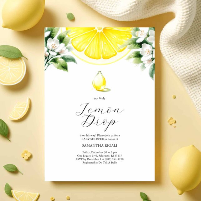 Citrondropptema - inbjudningar till babyvisningspr (lemon baby shower invitations features watercolor lemons and a drop for a citrus themed party)