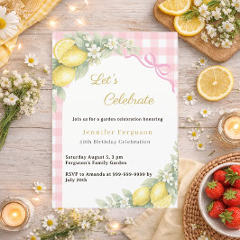 Citrone gingham rosa rosett sommar trädgård födels inbjudningar