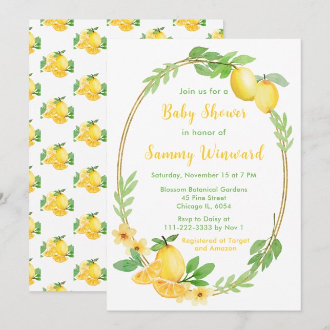 Citronelement och grönska Baby Shower Inbjudningar (Fram/baksida)