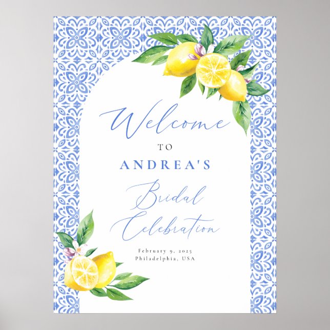 Citronen Italiensk Blå Kakel Positano Bröllopsfira Poster (Framsidan)
