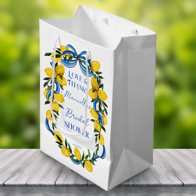 Citroner blå band present på bröllopsfesten (Lemons blue bow ribbon Italian bridal shower favors personalized gift bag)