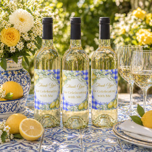 Citroner blå gingham båge Italienska Tack Födelsed Vinflaska Etikett