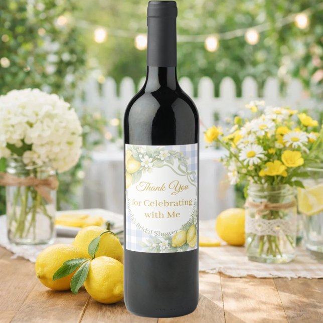 Citroner blå gingham Tack Bröllopsfest Vinflaska Etikett (Skapare uppladdad)