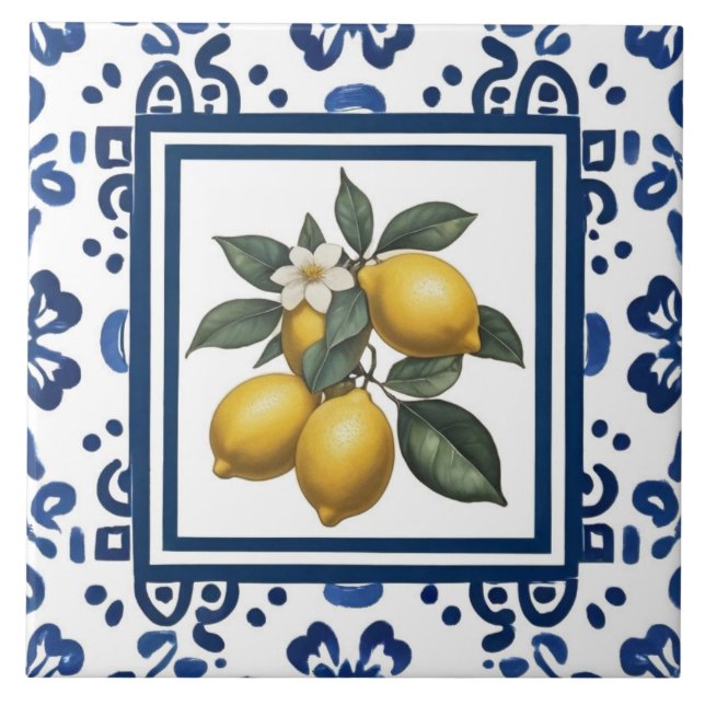 Citroner Blå och Vit Tribal Folk Art Mönster Kakelplatta (Framsidan)