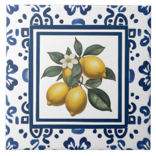 Citroner Blå och Vit Tribal Folk Art Mönster Kakelplatta