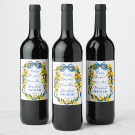 Citroner blå rosett band bröllopsdusch monogram vinflaska etikett