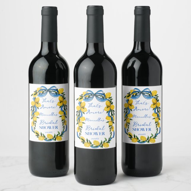 Citroner blå rosett band bröllopsdusch monogram vinflaska etikett (Flaskor)