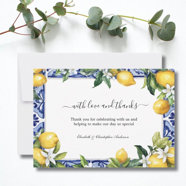 Citroner Blå Vit Kakel Mediterren Bröllop Tack Kort (Lemons Blue White Mediterranean tile Wedding Thank you card)