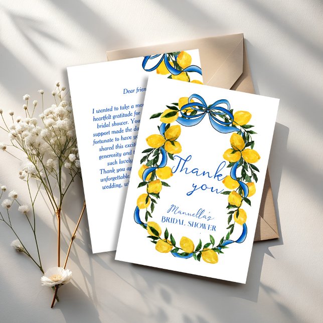 Citroner blåa band slöja italiensk bröllopsfest tack kort (Lemons blue bow ribbon Italian bridal shower Thank You Cards retro bow and lemons thank you cards)