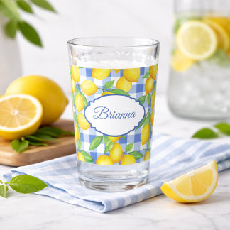Citroner & Blått Gingham Personligt Glas