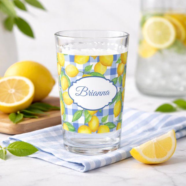 Citroner & Blått Gingham Personligt Glas (Skapare uppladdad)