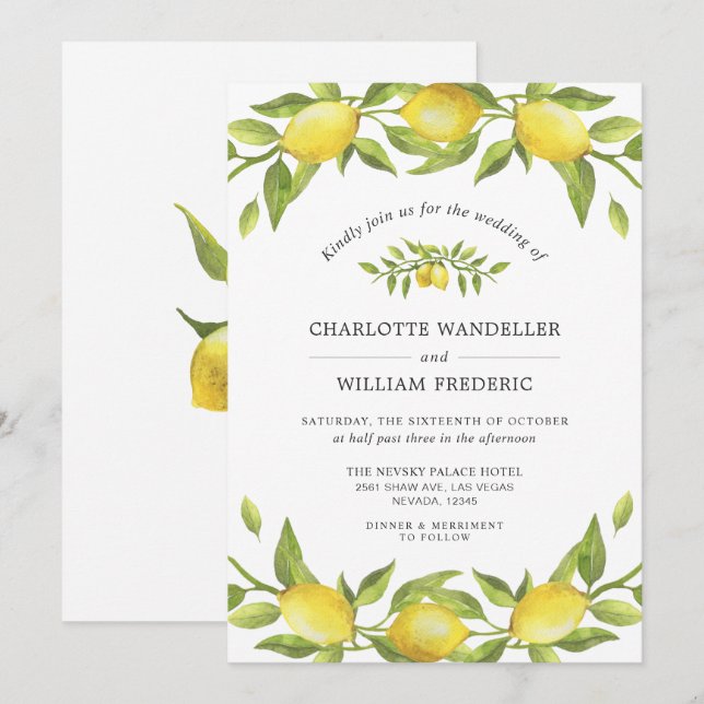 Citroner Blommar Grönska Watercolor Bröllop Inbjudningar (Fram/baksida)