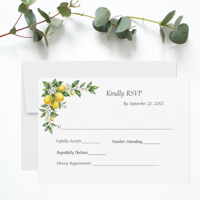 Citroner Blommig Grönska Traditionell Formell Bröl OSA Kort (Lemons White Florals Citrus Mediterranean Wedding RSVP card)