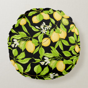 Citroner, blommor och löv i Lemon träd gren. Rund Kudde