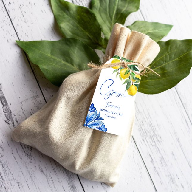 Citroner från den italienska möhippan för blåplatt presentetikett (Blue tiles lemons vintage Italian bridal shower thank you favor Gift Tags personalized favor tags)