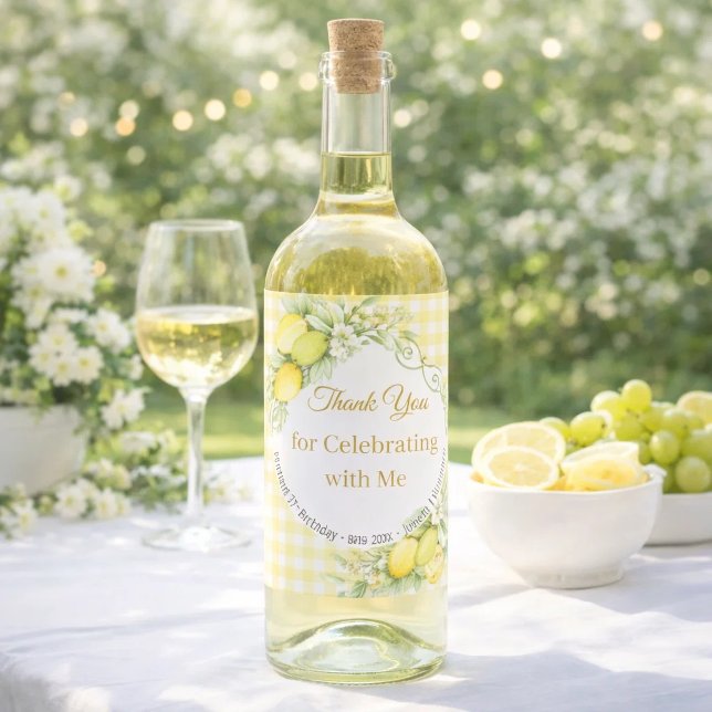 Citroner gul gingham Tack Födelsedag Vinflaska Etikett (Skapare uppladdad)