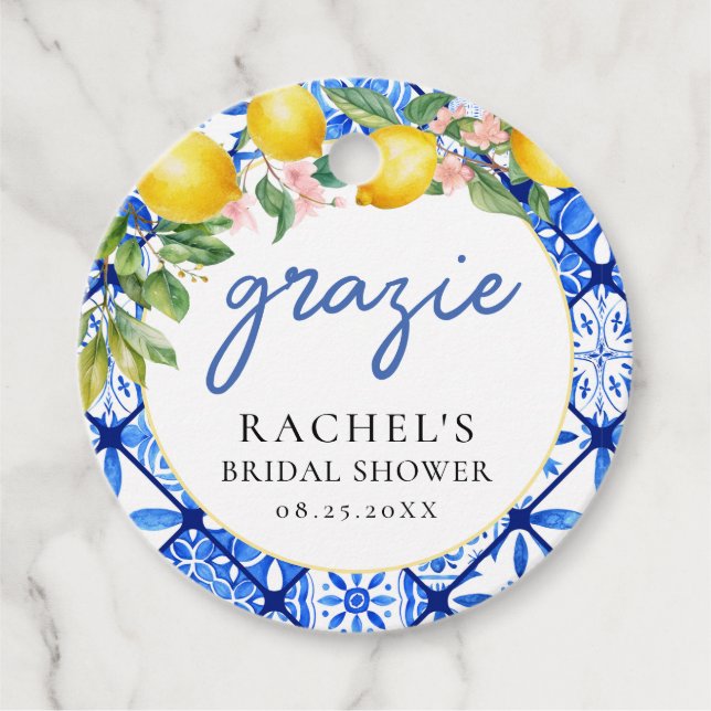 Citroner Italienska Blåa Kakel Bröllopsdusch Grazi Gåvor Etiketter (Framsida)
