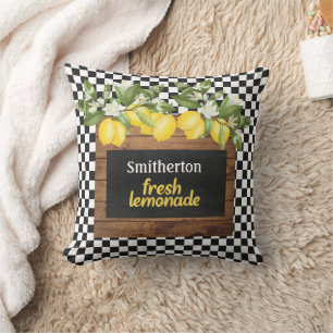 Citroner Lemonad Svart Vit Rutig Trä Namn Kudde