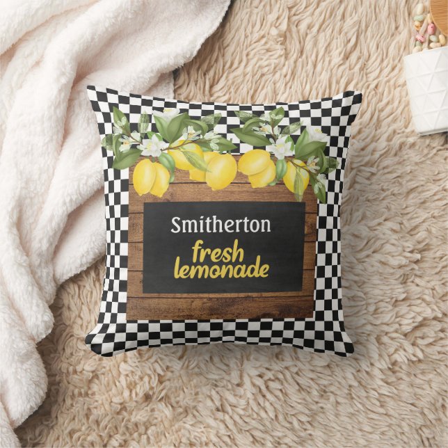 Citroner Lemonad Svart Vit Rutig Trä Namn Kudde (Filt)