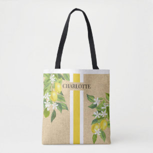 Citroner och Blommar Monogram Faux Burlap Jute Tygkasse