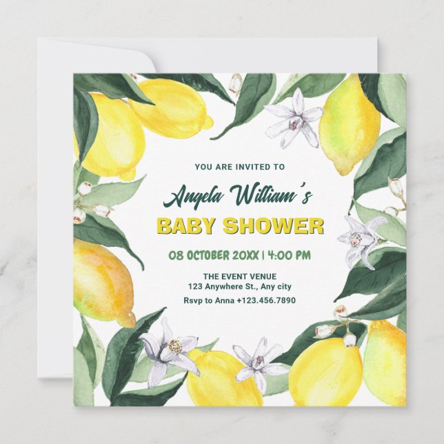 Citroner och blommor, babydusch inbjudningar (Framsida)