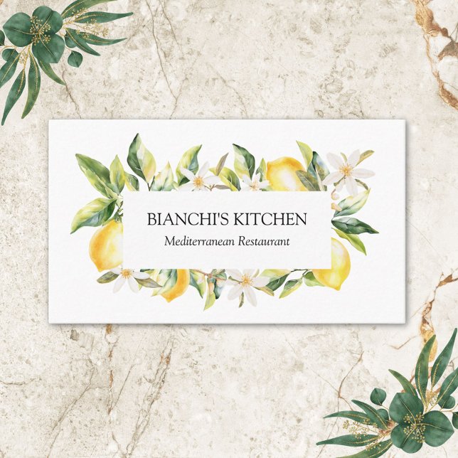 Citroner och blommor Medelhavs Floral Botanisk Visitkort (Close up)