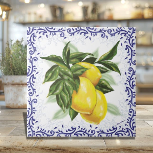 Citroner och Filigree Keramiska Plattor för Köket Kakelplatta (Italian Lemons with Blue Toile Ceramic Tile European Country Kitchen Decor)