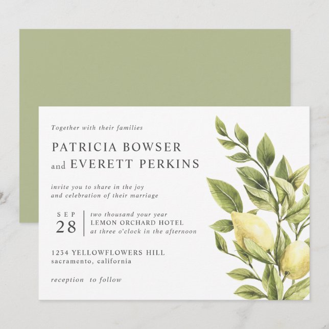 Citroner och löv, botaniska bröllop inbjudningar (Fram/baksida)