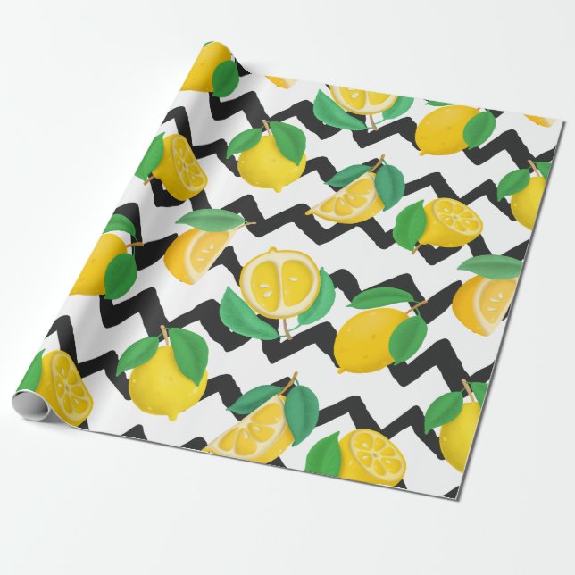 Citroner och Löv med Black Chevron Presentpapper (Utrullad)