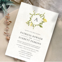 Citroner och löv | Monogram Watercolor Bröllop Inbjudningar