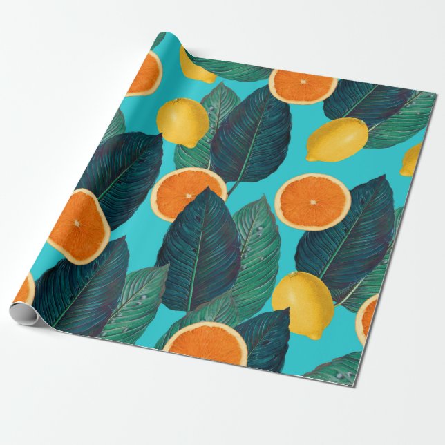 citroner och orangar, teal presentpapper (Utrullad)