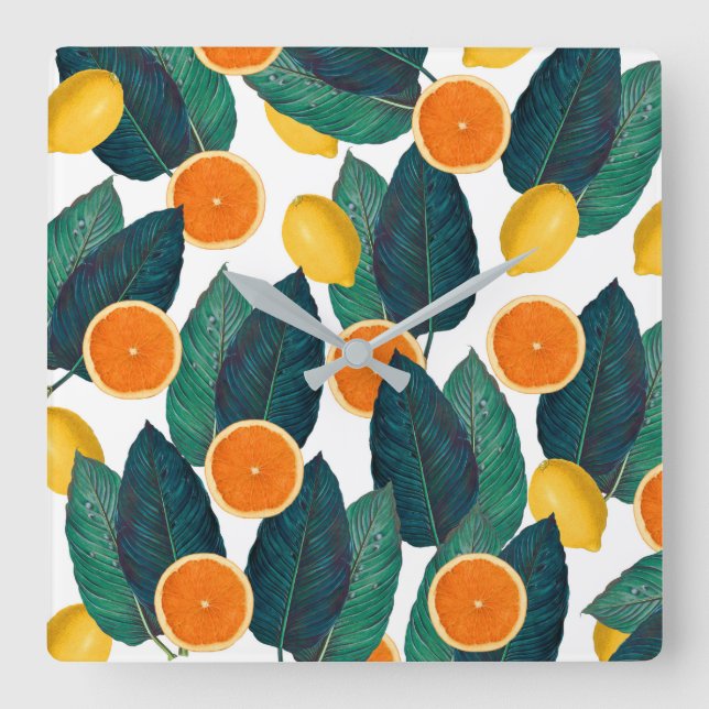 Citroner och Orangar, vita Fyrkantig Klocka (Framsida)