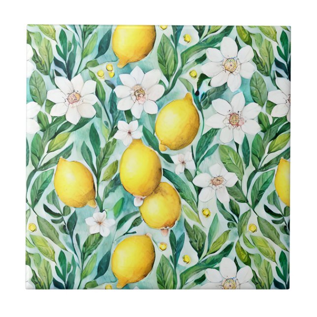 Citroner och vita blommor - Fransk Land-dekan Kakelplatta (Framsidan)