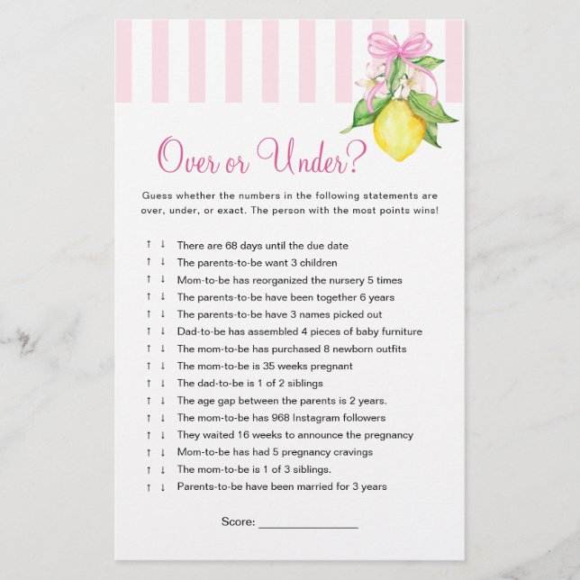 Citroner Över eller Under Baby Shower Lek (Framsida)