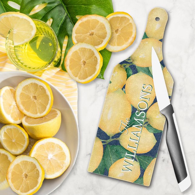 Citroner på marint blått Personlig glas (Lemons on Navy Blue Personalized Glass Cutting Board)