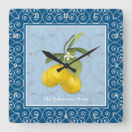 Citroner på Träd Gren w Löv Flower Rulla Namn Fyrkantig Klocka