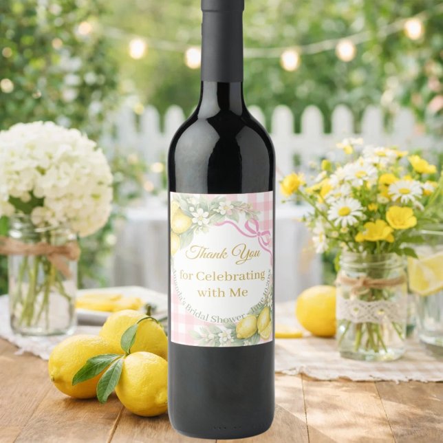 Citroner rosa gingham Tack Bröllopsdusch Vinflaska Etikett (Skapare uppladdad)