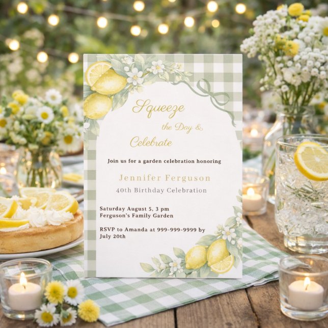 Citroner sagegrön gingham sommar trädgård födelsed inbjudningar (Skapare uppladdad)