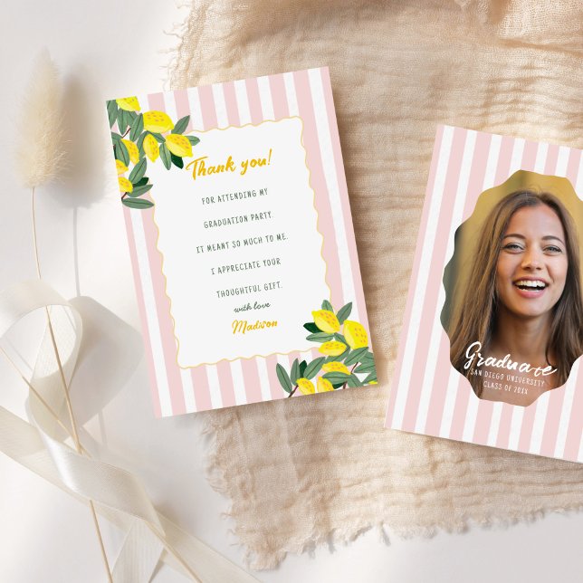 Citronexamen Tacksamhetskort Rosa Rand Citrus Inbjudningar (Lemon Graduation Thank You Card Pink Stripe Citrus)
