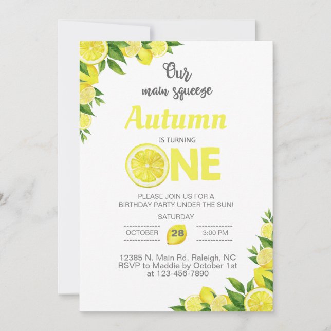 Citronflicka 1:a födelsedag. inbjudningar (Framsida)