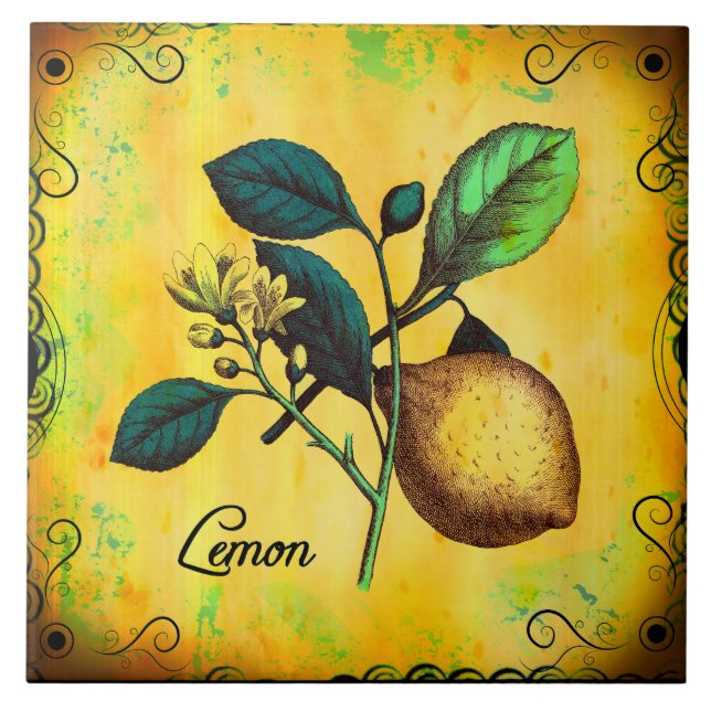Citronfrukt blommar botanisk lövvintage kakelplatta (Framsidan)
